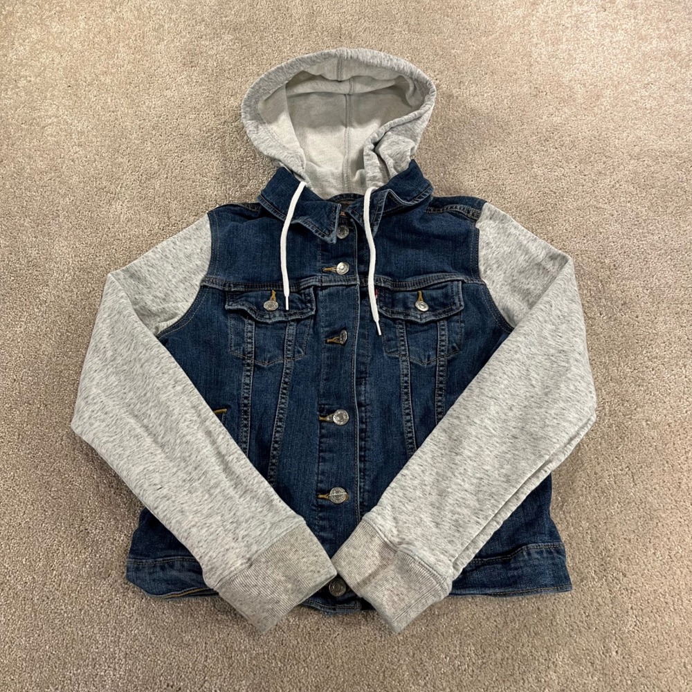 Levi's Hooded‎ Denim Jacket Kids Medium Blue Gray Hybrid Trucker Jacket
